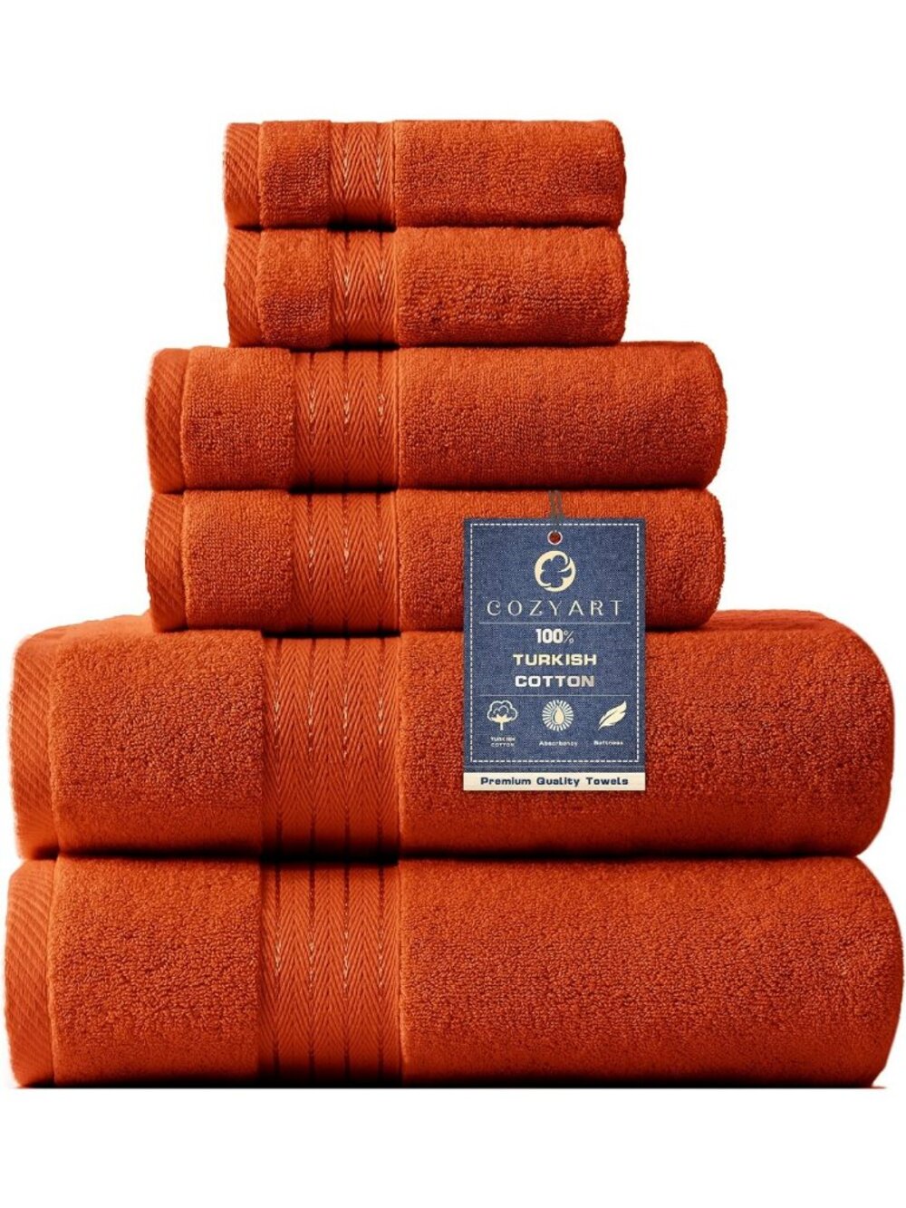 Luxury 6-Piece Bath Towel Set, Soft Burnt Orange 100% Turkish Cotton, Cozy